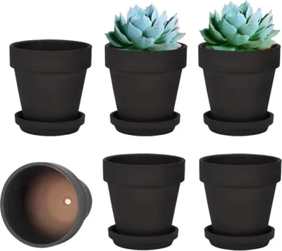 Produktbild von Terracotta Blumentopf Set von 6 Stück - Schwarz mit Unterteller - Ø10,2 cm - Für Innen und Außen - Mit Drainageloch - Pflanzenpot mit Schale