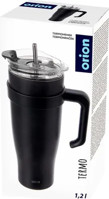 The image shows a black thermos mug with a handle and straw, presented in its retail packaging.