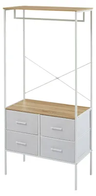 Image de CASABEL Penderie vêtements, meuble avec 4 tiroirs de rangement, Porte Manteau, Dressing, Penderie, bois & métal blanc, 80×40×167 cm