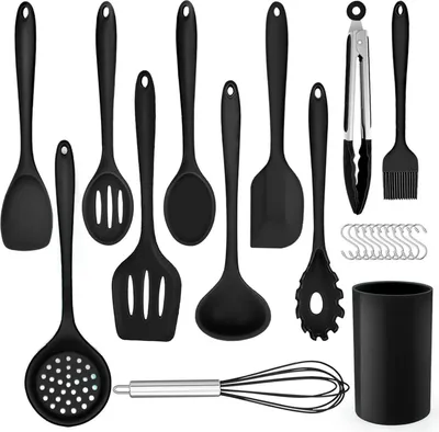 Produktbild von Silikon Küchenhelfer Set Schwarz 22-teilig mit Utensilienhalter antihaftbeschichtet und hitzebeständig