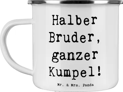 Produktbild von Mr. & Mrs. Panda Teetasse Spruch Halbbruder Kumpel - Weiß - Geschenk, Familienmitglieder, Kaffeepott, Emaille Tasse, Geschwister, Pott, Teebecher, einzigartige Designs