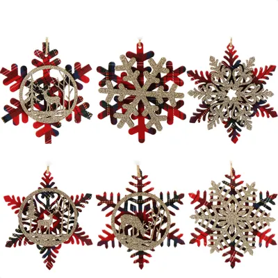 Productafbeelding van com-four® 6-delige set houten kerstornamenten - Kerstversiering voor de kerstboom - Kerstornamenten met sneeuwvlokdesign