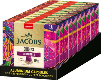A display box of Jacobs Origins Guatemala coffee capsules.