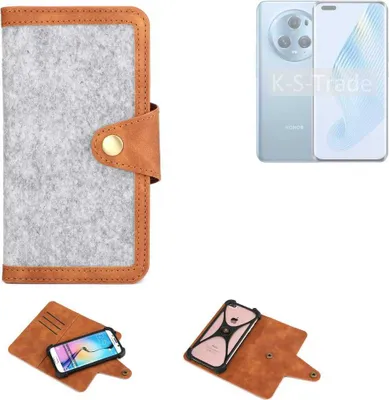 Produktbild von K-S-Trade Handyhülle kompatibel mit Honor Magic5 Schutzhülle Filz-Hülle Kunst-Leder hellgrau braun (1x)