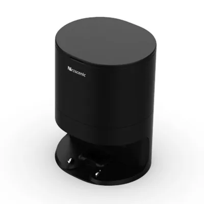 A black automatic dust removal station for a robot vacuum cleaner.