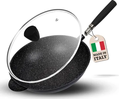 Produktbild von Pentolpress Granit Wokpfanne mit Deckel (32 cm) – Wokpfanne für Induktion – Super kratzfeste Wokpfanne – Antihaft Wok Italy – Wokpfanne Induktion mit abnehmbarem Griff