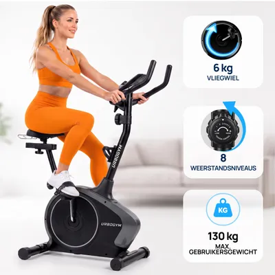 Productafbeelding van URBOGYM ARGO SILVER Hometrainer, Fitnessfiets voor Thuis, 8 Weerstandsniveaus, 6 kg Vliegwiel, LCD, Hartslagsensoren, Max. 130 kg, Zilver