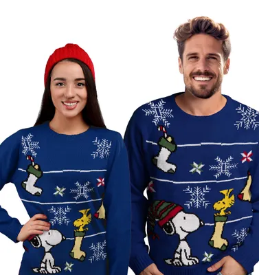 Produktbild von The Peanuts Winterpullover Uni - Snoopy Winter Strick Pullover Sweatshirt Ugly Sweater für Herren & Damen Blau L, KI-generiertes Bild