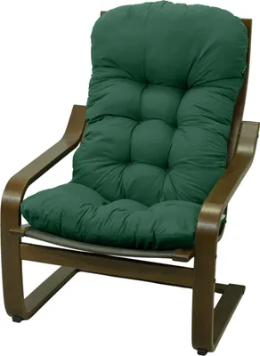 A green cushion on a wooden chair.