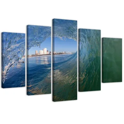 Produktbild von 5-teiliges leinwandbild meereswelle 200x100 cm Feeby blau wandbild bereit zum aufhängen