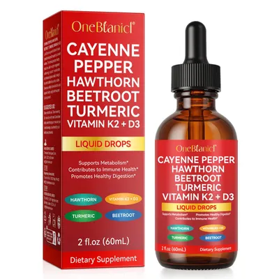 Produktbild von Cayennepfeffer, Weißdorn, Rote Bete, Kurkuma, Vitamin K2+D3 Tropfen, 60 ml