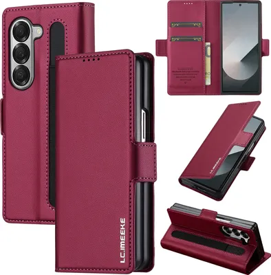 Immagine prodotto di Custodia magnetica in pelle flip per Samsung Galaxy Z Fold5 5G, con slot per schede e funzione stand Rosso
