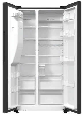 Produktbild von Hisense Freistehend Side-by-Side-Kühlschrank, Schwarz, 566 l, Freistehend, Amerikanische Tür, Schwarz, Edelstahl, 2 Tür(en), Berührung, LED