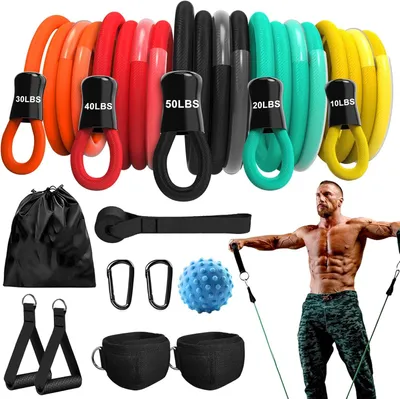 Image de Ensemble de 5 bandes de résistance, bandes de fitness avec poignées, pour l'entraînement de la force