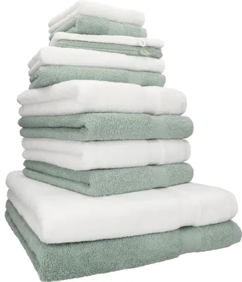 Produktbild von Betz 12-tlg. Handtuch-Set PREMIUM 2 Duschtücher 4 Handtücher 2 Gästetücher 2 Seiftücher 2 Waschhandschuhe  Farbe: weiss / heugrün