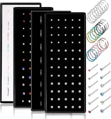 Zdjęcie produktu dla Zestaw do piercingu Unyqoos® 200er, wykonany ze stali chirurgicznej 22G (0,5 mm) – 8 mm kolczyki typu "hoop", sztyfty typu "L", kryształki o wymiarach 1,5/2/2,5 mm, wielokolorowe, dla kobiet i dziewcząt