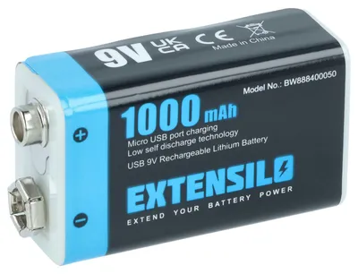 Produktbild von EXTENSILO 9V-Akku Block für diverse Geräte (1 Ah, 9 V, Li-Polymer), ready-to-use, mit Micro USB Buchse