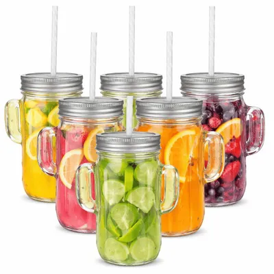 Produktbild von 6er Set Trinkgläser mit Henkel Deckel & Mehrweg Strohhalm Gläser Kaktus 450ml