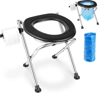 Produktbild von VEVOR Tragbare Campingtoilette 160 kg Belastbar, Faltbare Reisetoilette aus Edelstahl mit Weichem Sitz & Tücherhalter, Geeignet für Lkw-Fahrer Wohnmobilreisen Camping Autoreise Outdoor-Aktivitäten