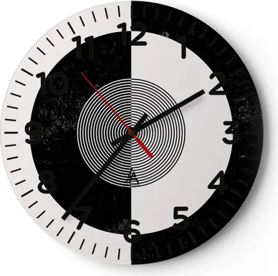 Produktbild von Wanduhr - Rund - Glasuhr - Abstraktion Rad Schwarz und Weiß - 30x30cm - Schleichendes Uhrwerk - Lautlos - zum Aufhängen bereit - Dekoration Modern - Wanddekoration aus Glas - C4AR30x30-4316