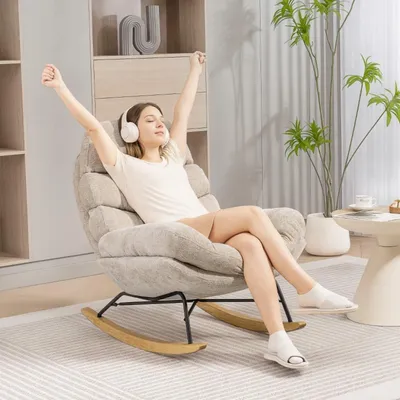 Produktbild von Gepolsterter Schaukelstuhl mit Stahlbeinen und Holzkufen, Beige