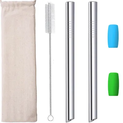 Produktbild von Edelstahl Bubble Tea Strohhalme 12mm Breit mit Silikonspitzen 2 Stück Silber