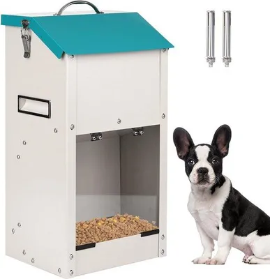 Obrázek produktu pro Automatický dávkovač krmiva pro menší zvířata – Unyqoos®, kapacita 7 kg, odolný vůči vlhkosti, galvanicky zinkovaný, zabezpečený proti hlodavcům a ptákům, s akrylátovým okénkem