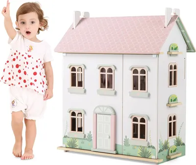 Produktbild von GOPLUS Holzpuppenhaus, 3 stöck. Puppenvilla mit Möbeln, doppelseitigen Dächern, öffnenden Türen, Holzleitern, Spielzeughaus für Kinder ab 3 Jahren