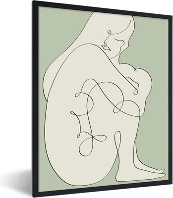 Produktbild von MuchoWow® Gerahmtes Poster Frau - Linienkunst - Abstrakt - Grün 60x80 cm - Poster mit Schwarzem Bilderrahmen Wandposter Rahmen Foto Bilder - Premium - Wanddeko Wohnzimmer