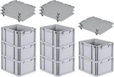 Produktbild von SuperSparSet 8x Eurobox NextGen Economy mit Auflagedeckel und 4x Schiebeschnappverschlüsse Schwarz | Griffe geschlossen | HxBxT 22x30x40cm | 20 Liter | Eurobehälter, Transportbox, Transportbehälter, Stapelbehälter
