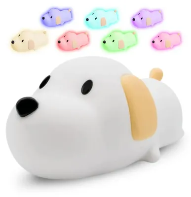 Obrázek produktu pro Noční lampička pro děti s dotykovým ovládáním a 8 barvami, silikonová LED lampička do dětského pokoje, nabíjení přes USB, možnost regulace jasu, funkce časovače, motiv: štěně