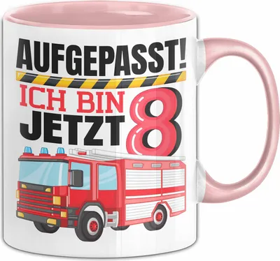 Produktbild von 8. Geburtstag Geschenk Tasse Becher Jungs Feuerwehr Aufgepasst Ich Bin Jetzt 8 (Rosa)