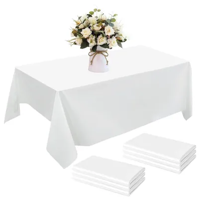 Zdjęcie produktu dla Jednorazowe obrusy plastikowe, białe, 6 sztuk, prostokątne, 137x274 cm, wodoodporne, idealne na imprezy i grilla