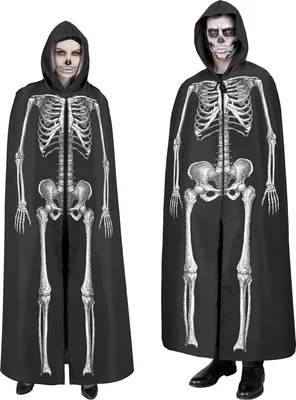 Produktbild von Skelett Umhang mit Kapuze für Erwachsene | Schwarz 150cm