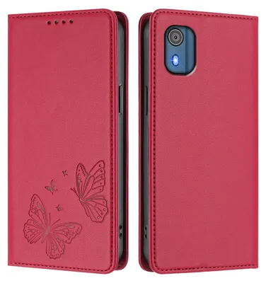 Image de Étui en cuir pour Nokia C02, motif papillon, étui à rabat avec porte-appareil, rouge