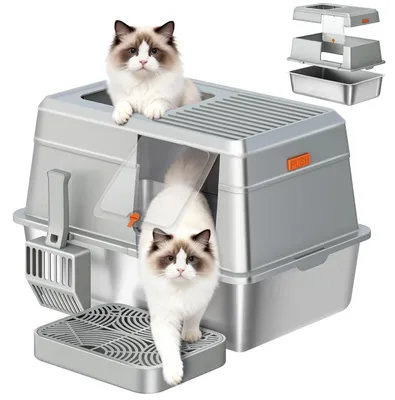 Image de Bac à litière en acier inoxydable - Bac à litière fermé XL - Avec couvercle et marchepied - Avec pelle - Facile à nettoyer - Amovible - Gris clair