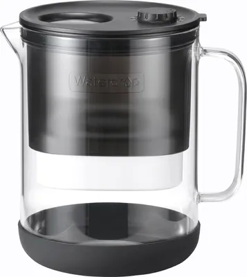 A glass water filter pitcher is shown against a white background.