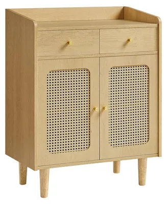 Produktbild von Sideboard mit Türen im Rattan-Look im Boho-Stil | Eiche beige | 70x40x90cm