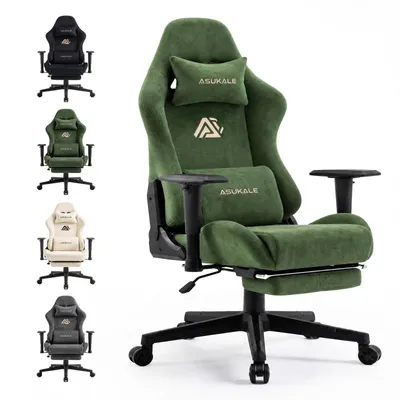 Produktbild von Gaming-Stuhl grün Samt ergonomisch, Massage-Lendenstütze, ausziehbare Fußstütze, 4D-Armlehnen, 200kg belastbar, für PC & Büro