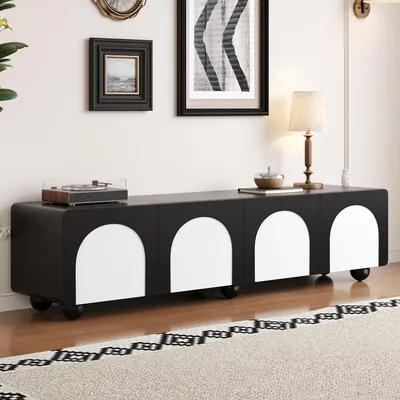 Produktbild von Merax TV-Schrank mit 2 Schubladen und 2 Türen, TV-Lowboard mit Holzbeinen, TV-Möbel mit Kabelmanagement, modernes Schwarz-Weiß-Design