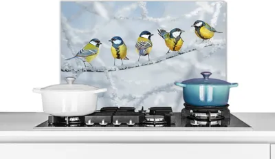 Produktbild von KitchenYeah®  Spritzschutz Küche - Küchenrückwand - Wandschutz für Herd und Spüle - Vogel - Kohlmeise - Winter - Schnee - Zweige 70x50 - Alu-Dibond (Alternative zum Spritzschutz aus Glas) - Hitzebestä