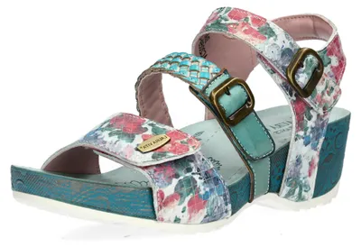 Produktbild von Laura Vita Damen Sandalette mit drei Riemen und floralem Muster Daphneo 02, Größe:39 EU, Farbe:Blau