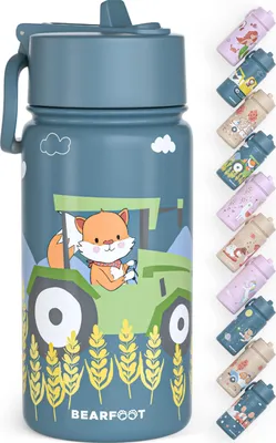 Produktbild von Trinkflasche Kinder Edelstahl mit Strohhalm, Thermosflasche 400ml - BPA frei, auslaufsicher, Kleinkinder, Mädchen & Jungen Wasserflasche - Traktor