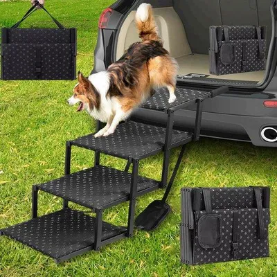 Obrázok produktu pre Rampy pre malé, stredné a veľké psy – protisklzové schody pre nákladné vozidlá a SUV – nosnosť do 100 kg – nastaviteľná výška 44–72 cm