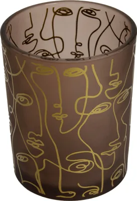Produktbild von Teelichtglas mit Gesichter Motiv in Braun - 12,5 x Ø 10 cm
