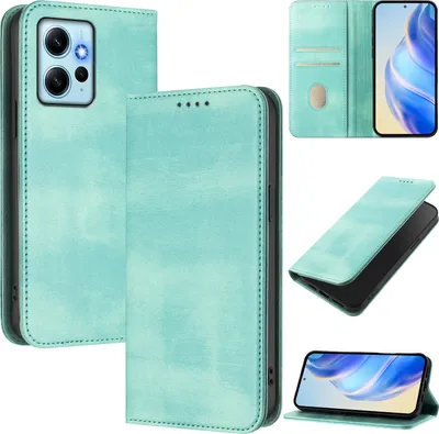 Produktbild von Handyhülle für Xiaomi Redmi Note 12 4G, Vintage Leder RFID Schutz Kartenfach Standfunktion Magnetische Klapphülle Türkis