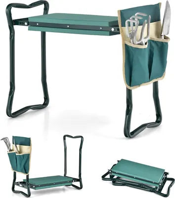 Produktbild von GOPLUS 2 in 1 Garten Arbeitshocker, klappbarer Gartenhocker mit Werkzeugtasche & Eva-Schaumkissen, bis zu 150kg Belastbar (mit 1 Werkzeugtasche, Grün)