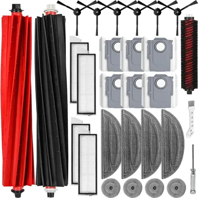 A collection of cleaning accessories for a robotic vacuum cleaner.