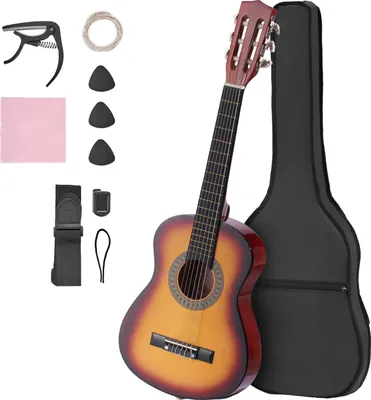Immagine prodotto di SucceBuy chitarra classica, 780 mm, set di chitarra classica in legno per principianti, con corde in nylon, borsa per il trasporto, tracolla, accordatore, corde di ricambio, plettro, capotasto, legno basso, per principianti, sunburst