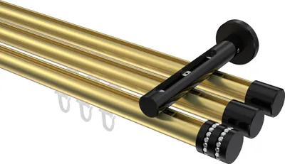 Produktbild von Interdeco Innenlaufstange / Gardinenstange mit Innenlauf Messing-Optik / Schwarz, Typ Siteno Estana (Glitzerkappe), 20 mm Ø 3-läufig, 320 cm